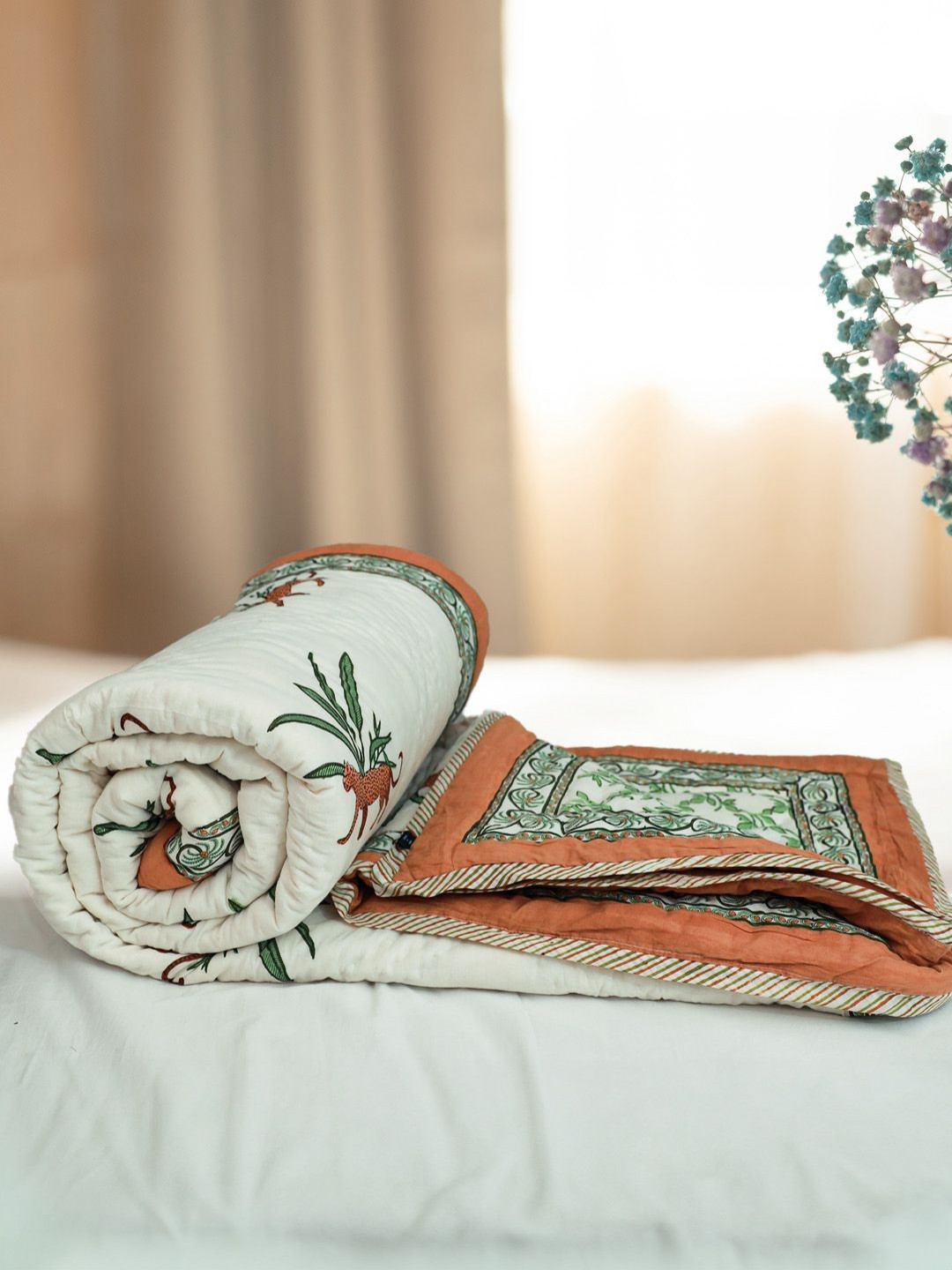 Baarno White & Green Floral Printed 300 GSM Double Bed Jaipuri Razai