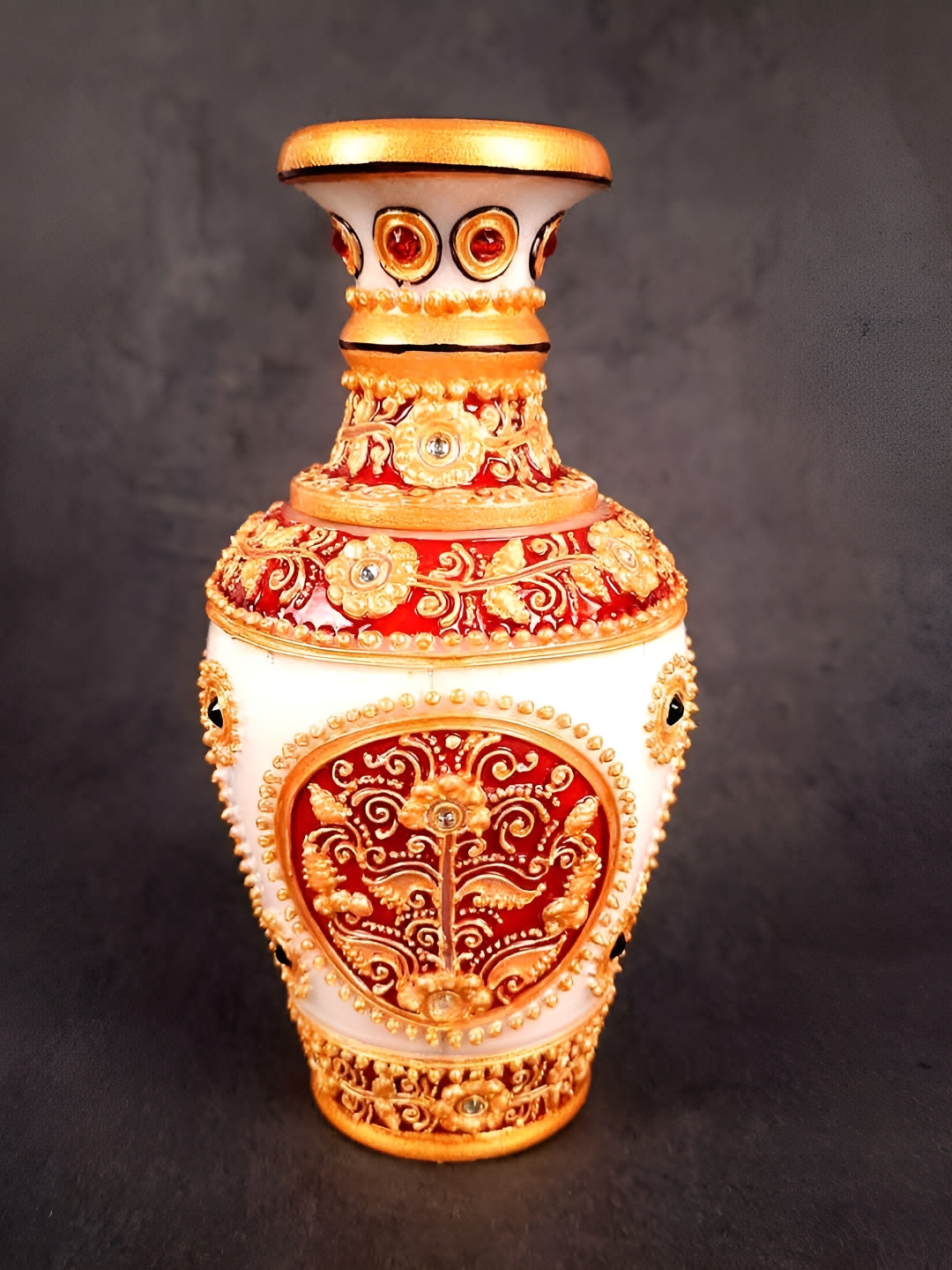 apka mart White & Brown Floral Textured Marble Flower Vase