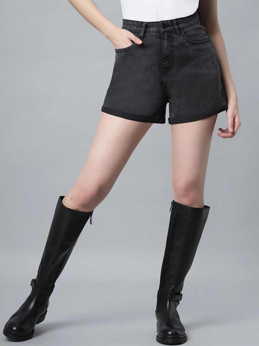 HJ HASASI Women Slim Fit Mid -Rise Mini Denim Shorts