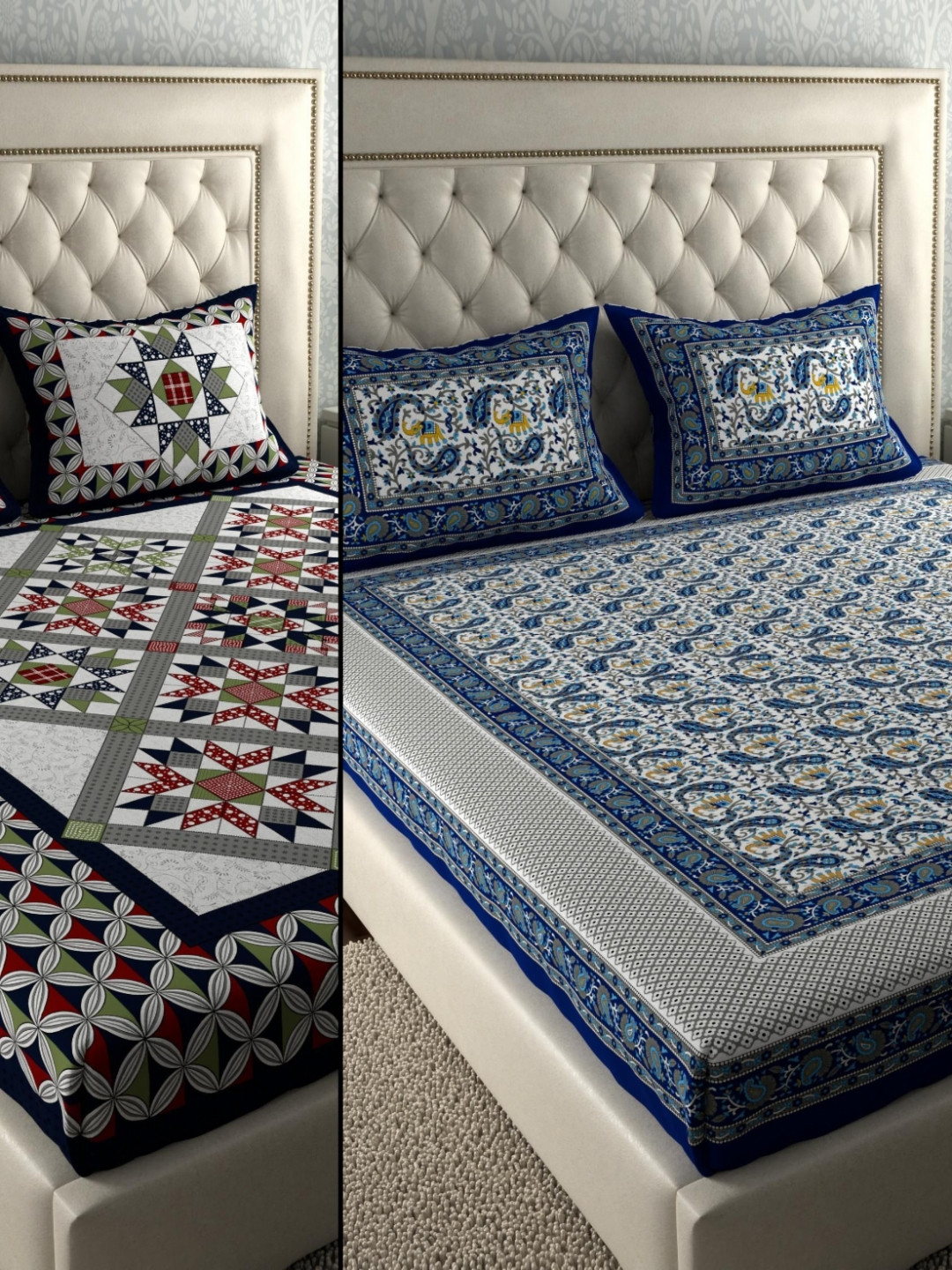 LA VERNE Blue Paisley Cotton 104 TC Queen Coarse 2 Bedsheet with 4 Pillow Covers-94 x 87 inches