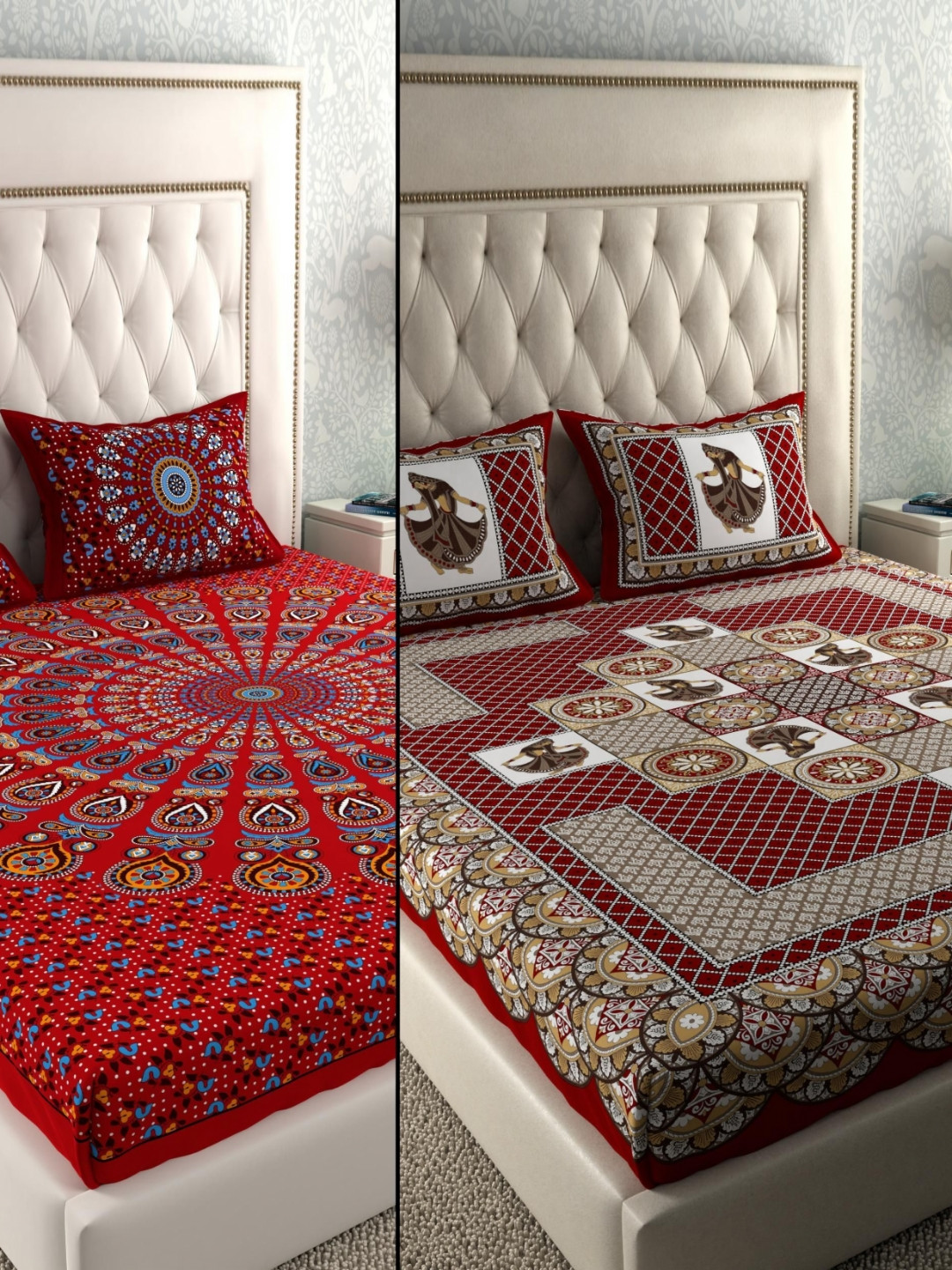 LA VERNE Red Ethnic Motifs Cotton Breathable 104 TC Queen Coarse 2 Bedsheet with 4 Pillow Covers-94 x 87 inches