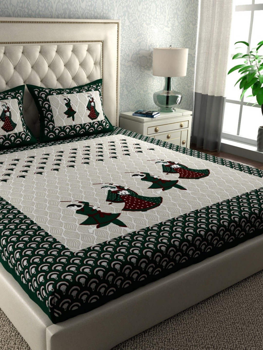 LA VERNE Green & White Abstract 144 TC Cotton Queen Bedsheet With 2 Pillow Covers