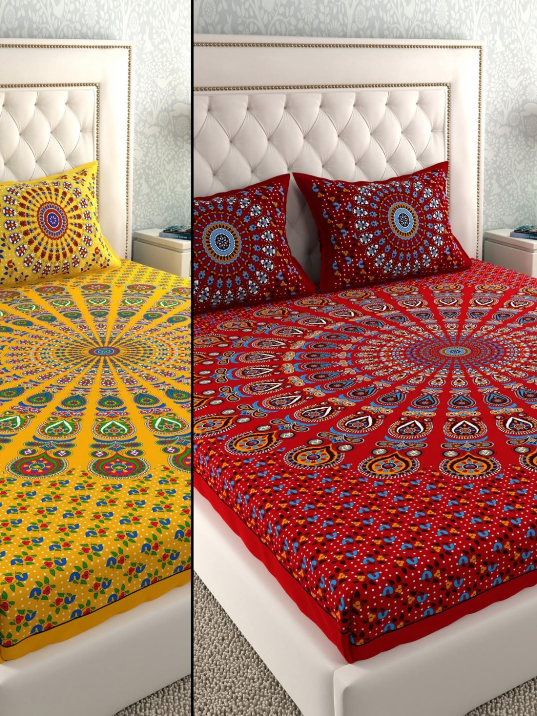 LA VERNE Mustard Ethnic Motifs Cotton 104 TC Queen Coarse 2 Bedsheet with 4 Pillow Covers-240 x 220 cm