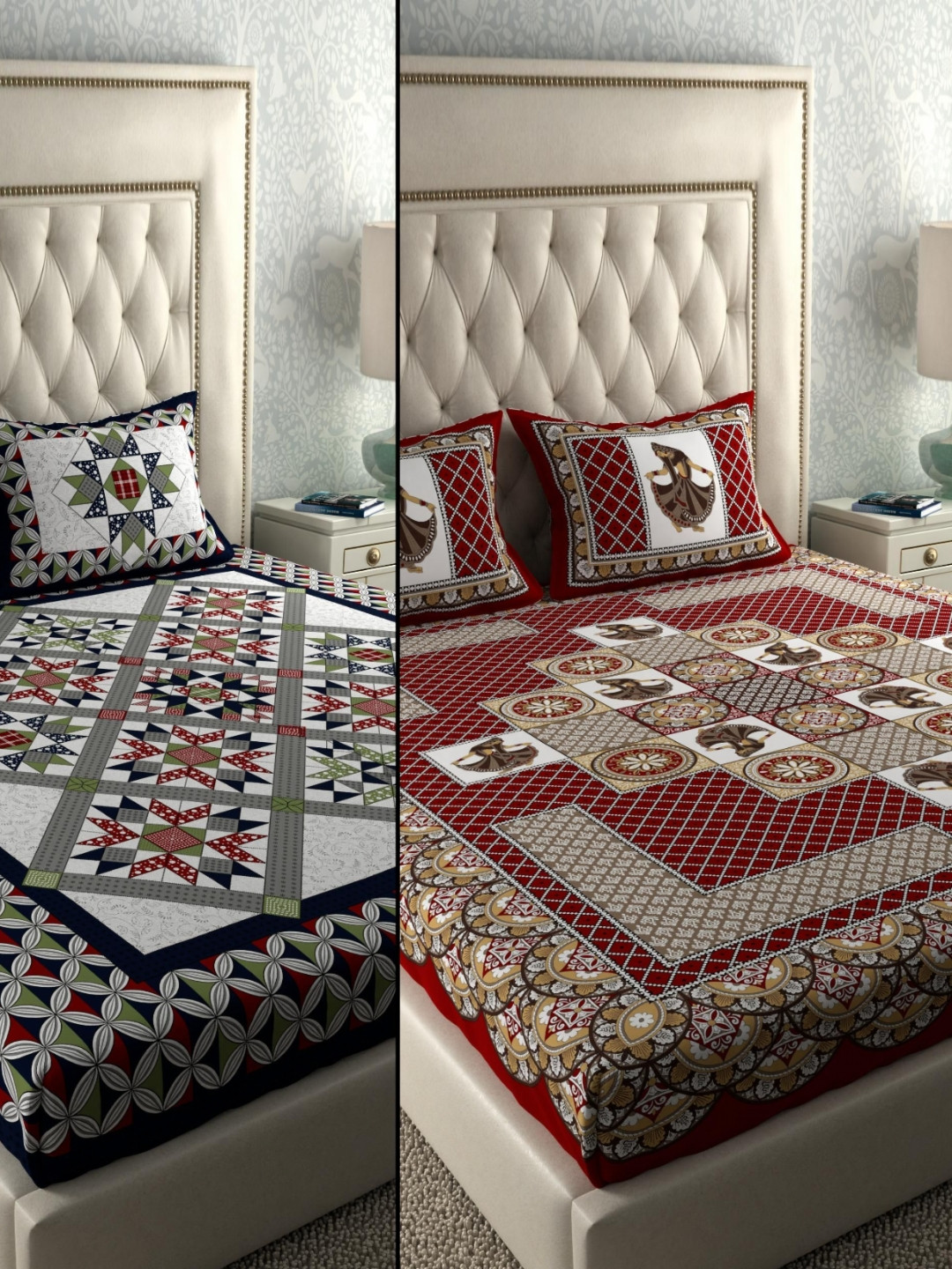 LA VERNE Navy Blue Ethnic Motifs Cotton 104 TC Queen Coarse 2 Bedsheet with 4 Pillow Covers-59 x 87 inches