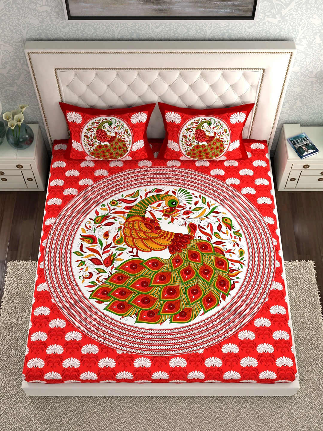 LA VERNE Red Animal Cotton 144 TC Queen Bedsheet with 2 Pillow Covers-94 x 87 inches