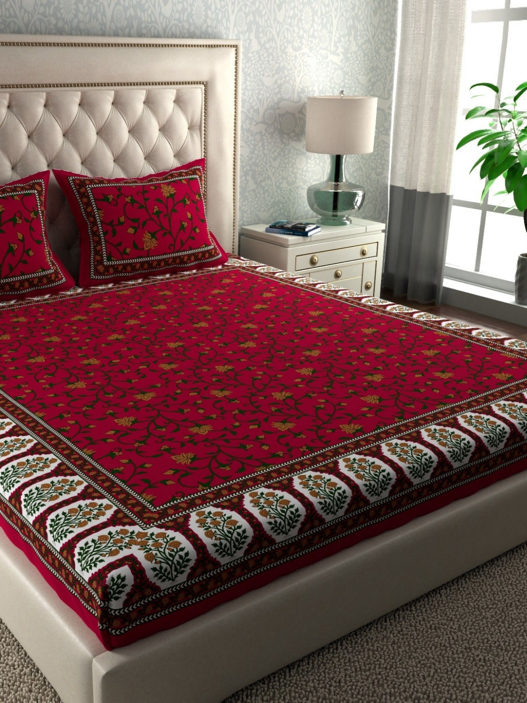 LA VERNE Maroon Floral Cotton 144 TC Queen Bedsheet with 2 Pillow Covers-94 x 87 inches