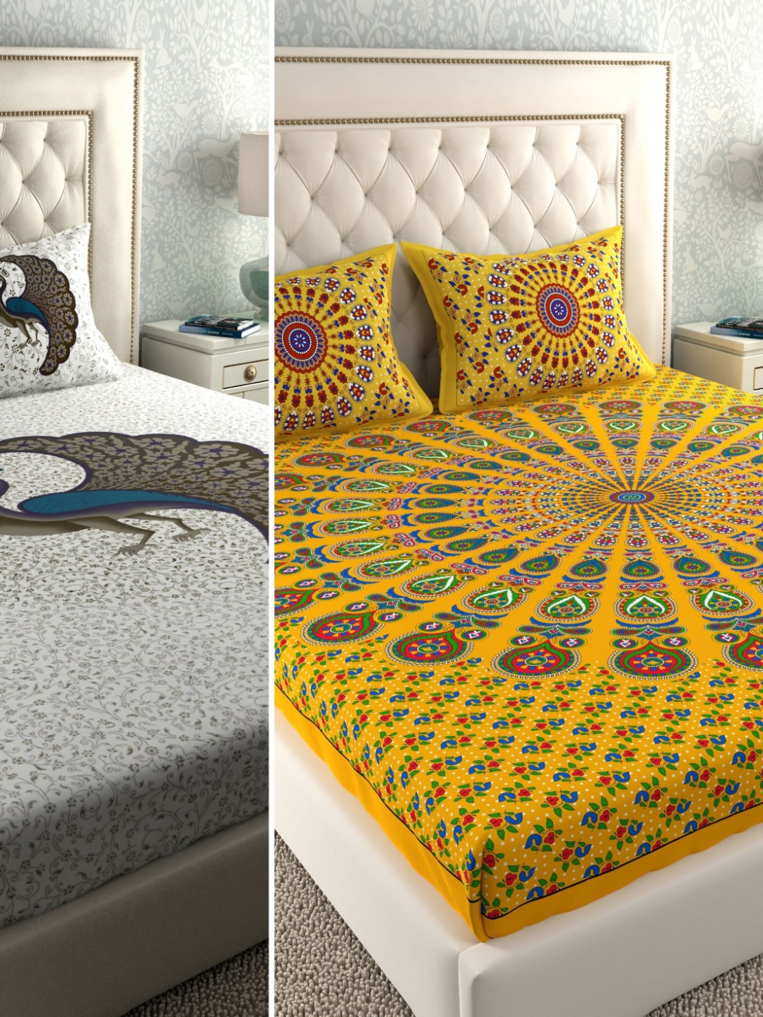 LA VERNE Yellow Graphic Cotton 104 TC Queen Coarse 2 Bedsheet with 4 Pillow Covers-93 x 87 inches