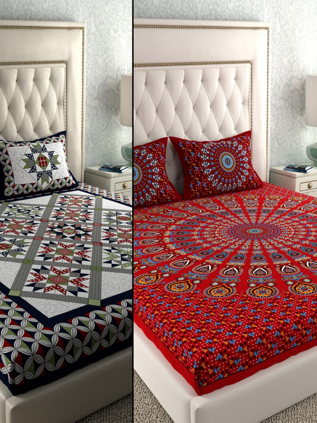 LA VERNE Black Ethnic Motifs Cotton 104 TC Queen Coarse 2 Bedsheet with 4 Pillow Covers-94 x 87 inches