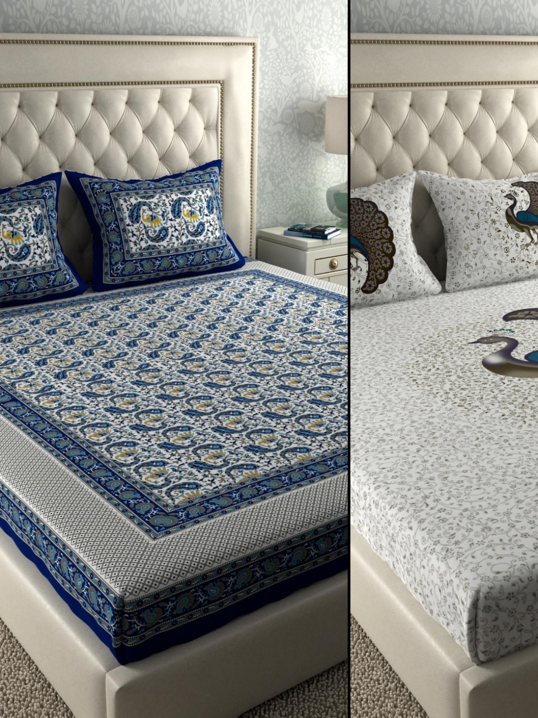 LA VERNE Blue Paisley Cotton 104 TC Queen Coarse 2 Bedsheet with 4 Pillow Covers-94 x 87 inches