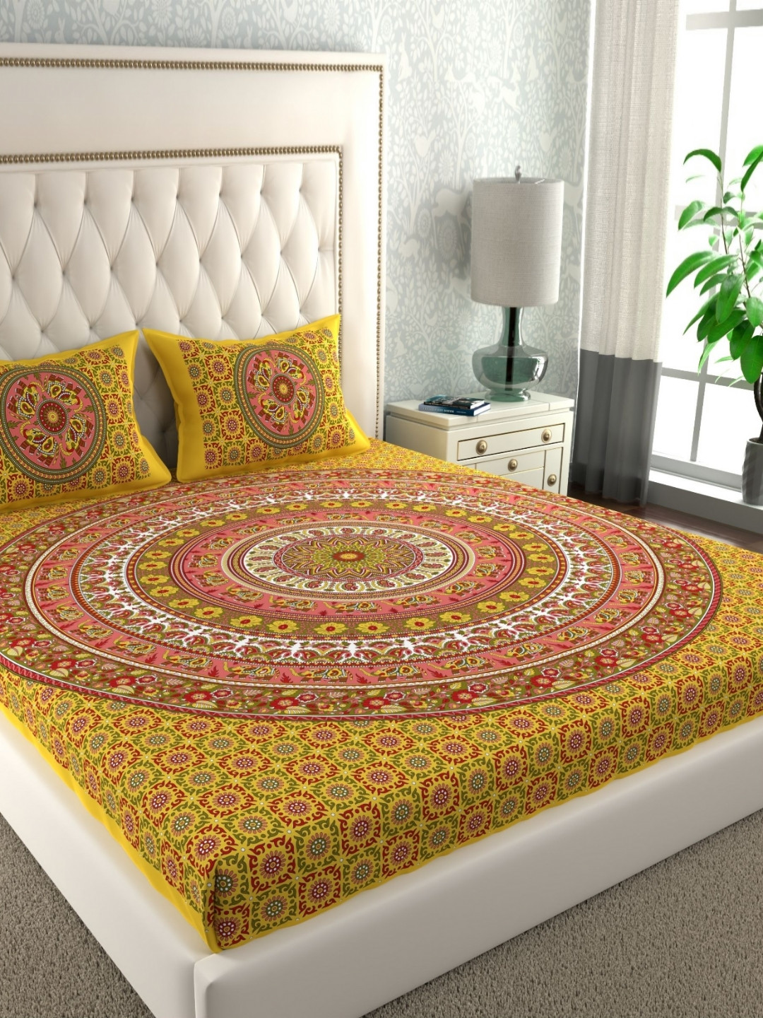 LA VERNE Yellow Ethnic Motifs Cotton 104 TC Queen Coarse Bedsheet with 2 Pillow Covers-94 x 87 inches