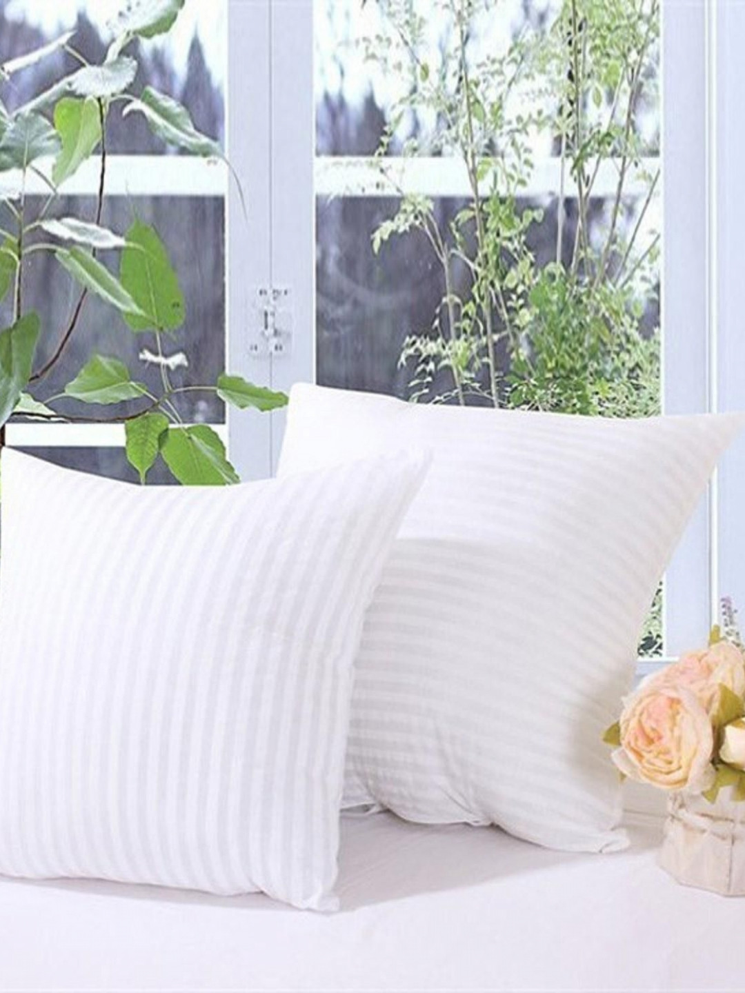 LA VERNE White Striped Polycotton Ultra Soft Set of 2 Ultra Soft Fibre Sleep Pillow-40 x 40 x 15 cm