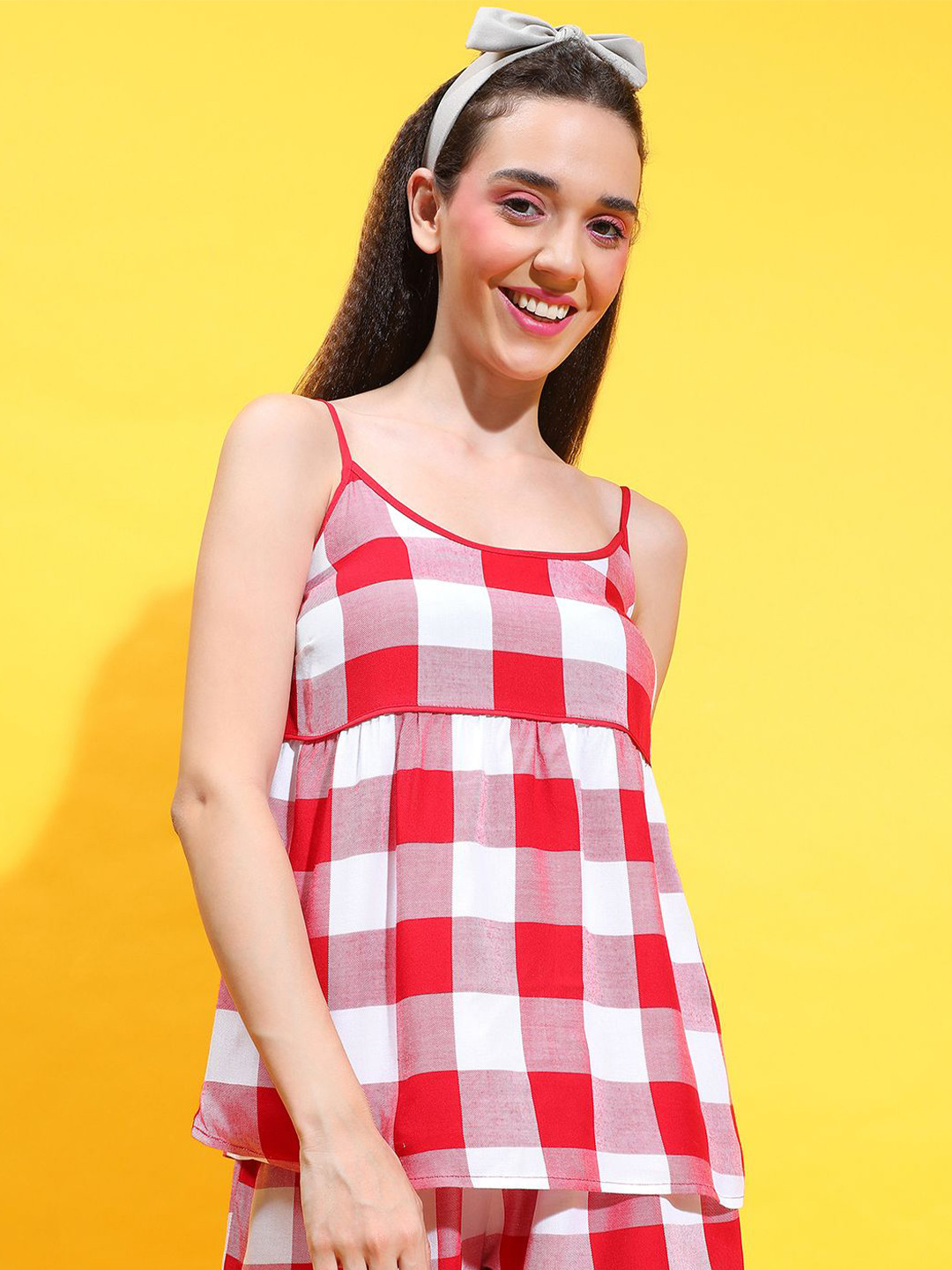 Oxolloxo Checked Shoulder Straps Sleeveless Strappy Nightwear Cami Top