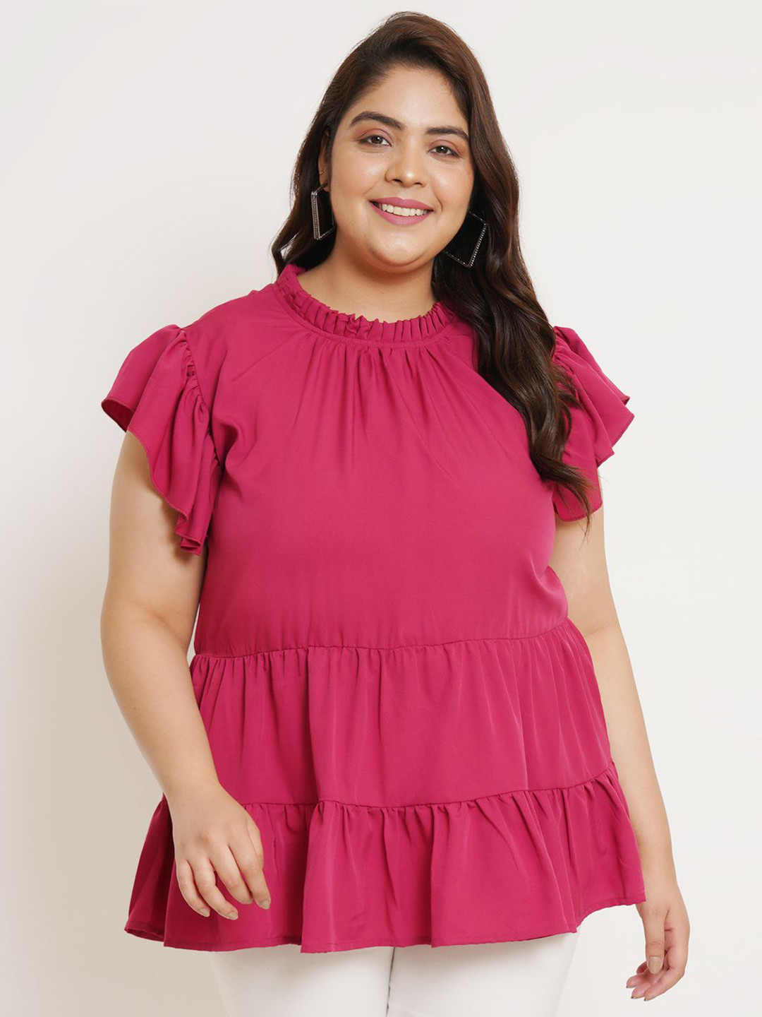 U&F Beyond Flutter Sleeve Ruffles Crepe Top