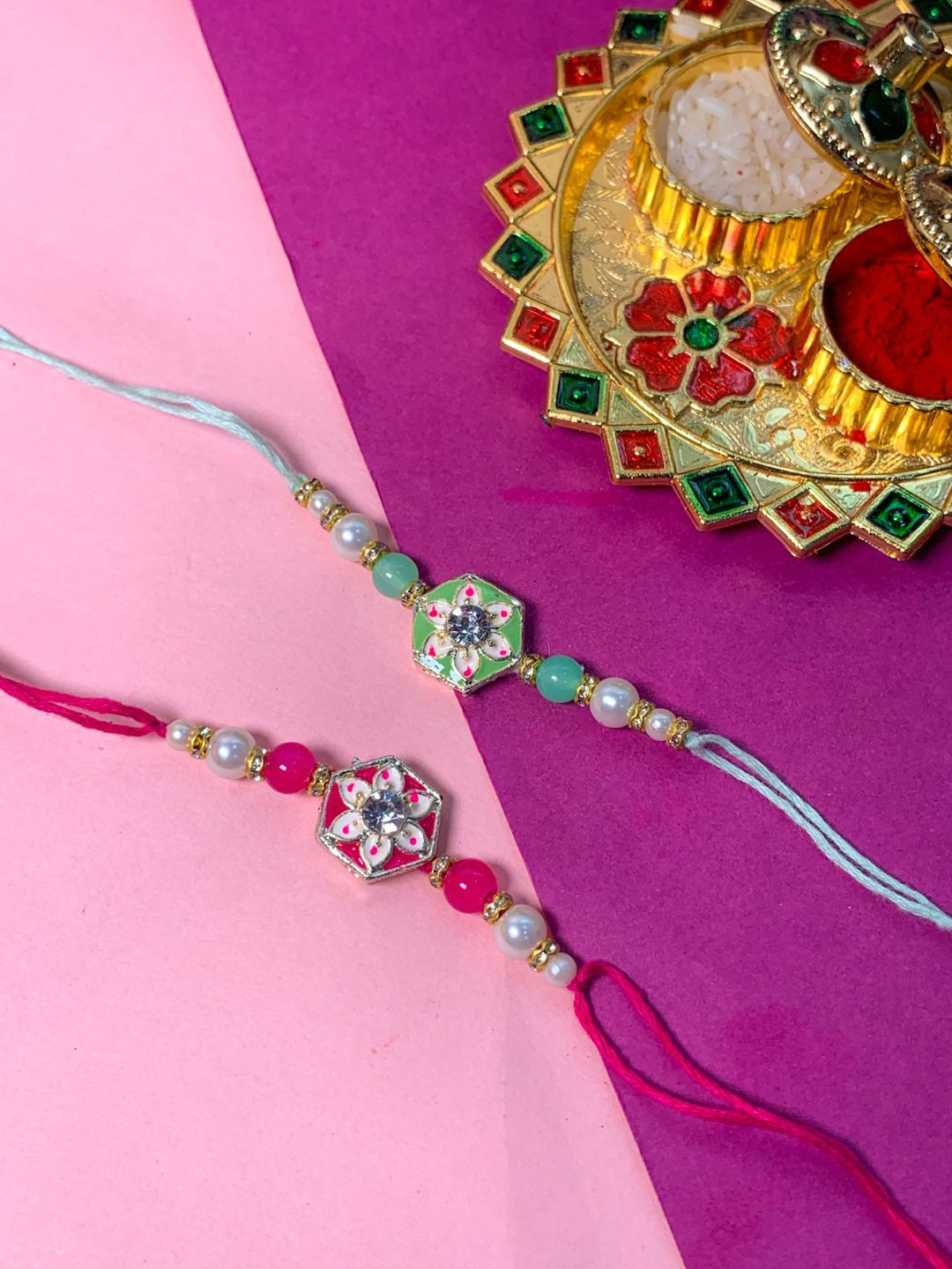 I Jewels Set Of 2 Rakhi With Roli Chawal & Rakshabandhan Card