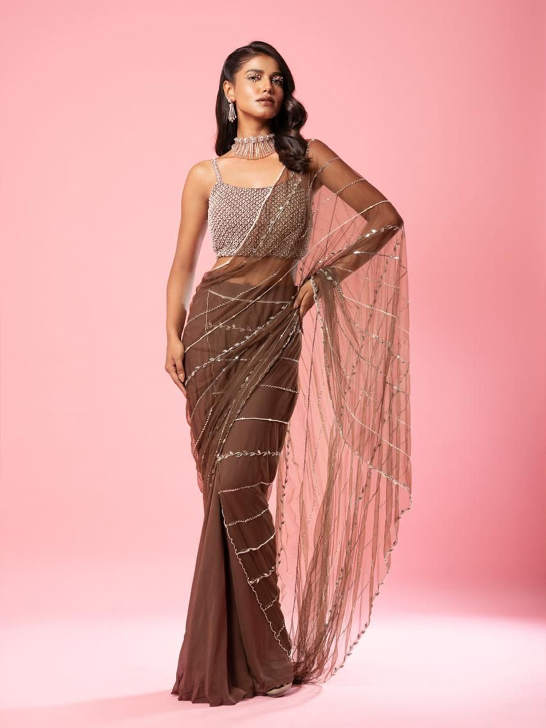 Quench A Thirst Beads and Stones Pure Georgette Saree