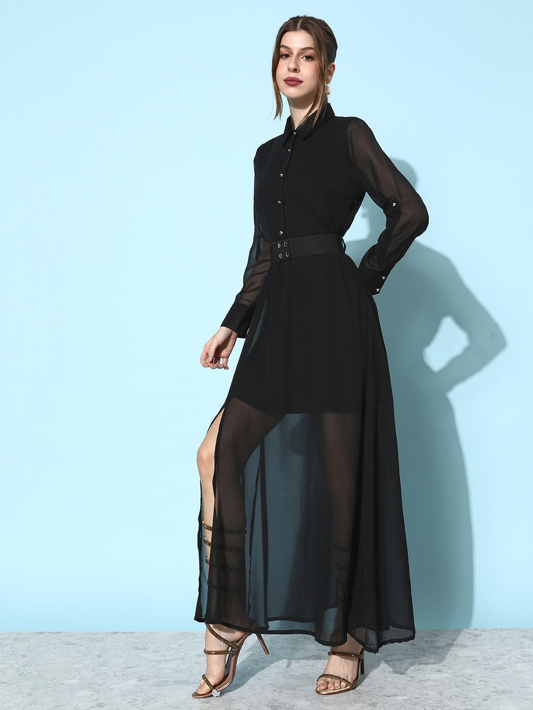 ANVI Be Yourself Solid Black Roll Up Sleeve Georgette Fit and Flare Slitted Dress