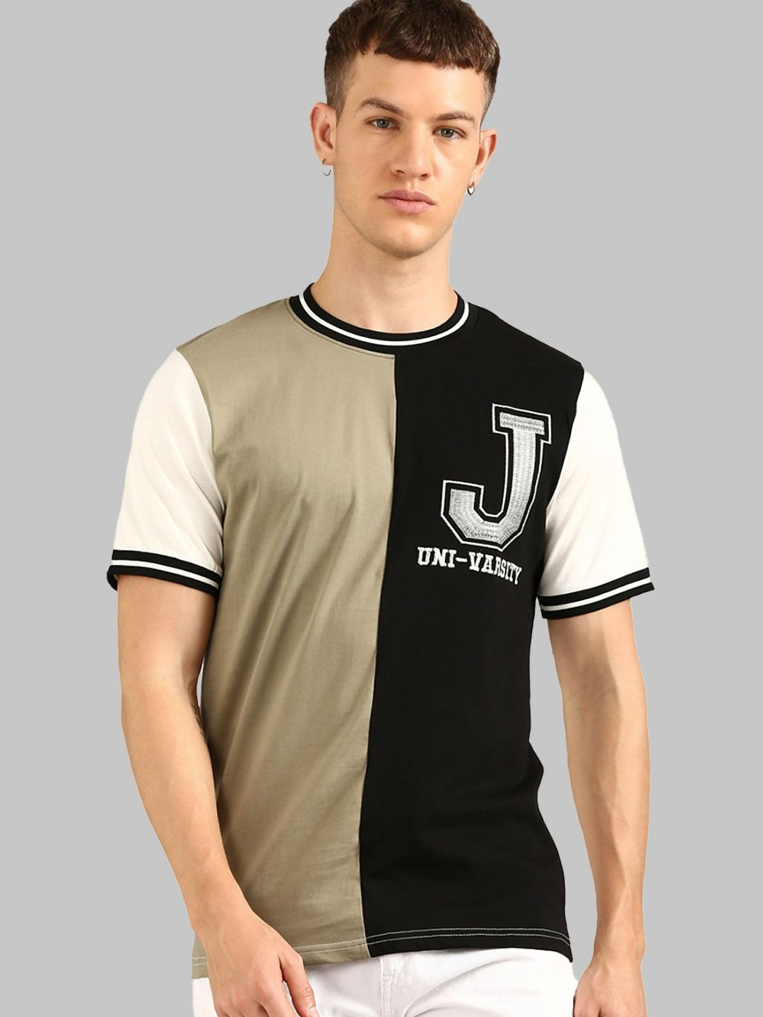 Joven Men Typography Colourblocked Mandarin Collar Applique T-shirt