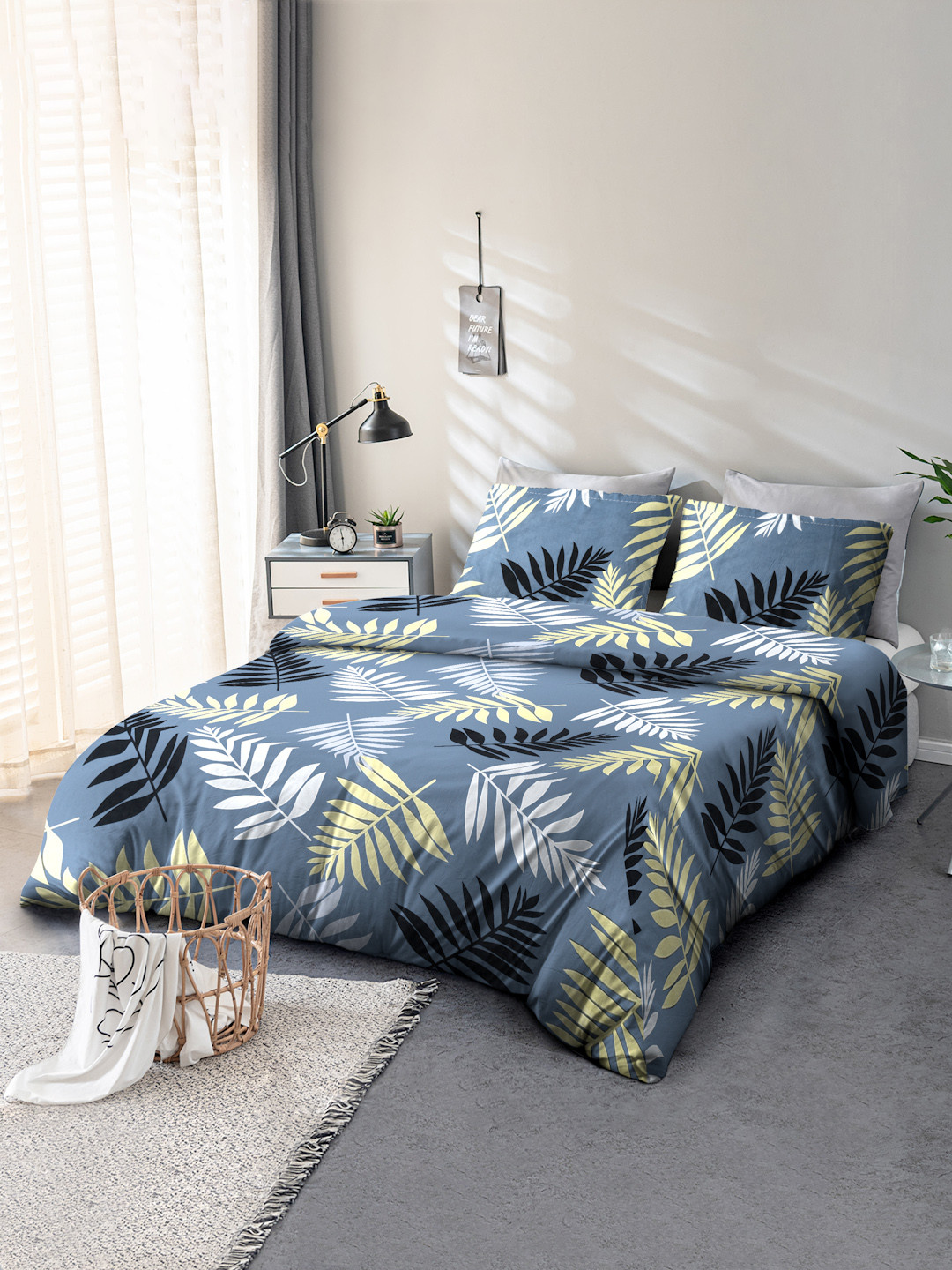 Cortina Blue Leaf Microfiber 104 TC Queen Coarse Bedsheet with 2 Pillow Covers-98 x 89 inches