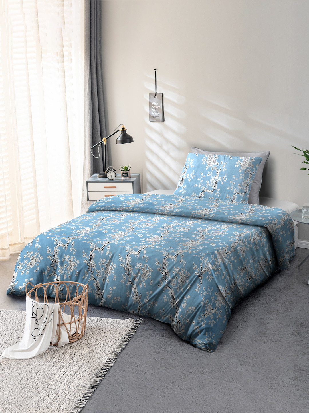 Cortina Blue Floral Microfiber 104 TC Single Coarse Bedsheet with a Pillow Cover-90 x 100 inches