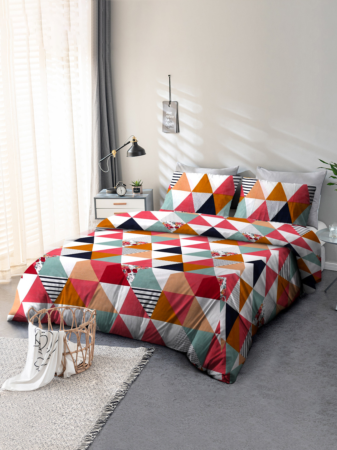 Cortina Red Geometric Microfiber 104 TC Queen Coarse Bedsheet with 2 Pillow Covers-90 x 100 inches
