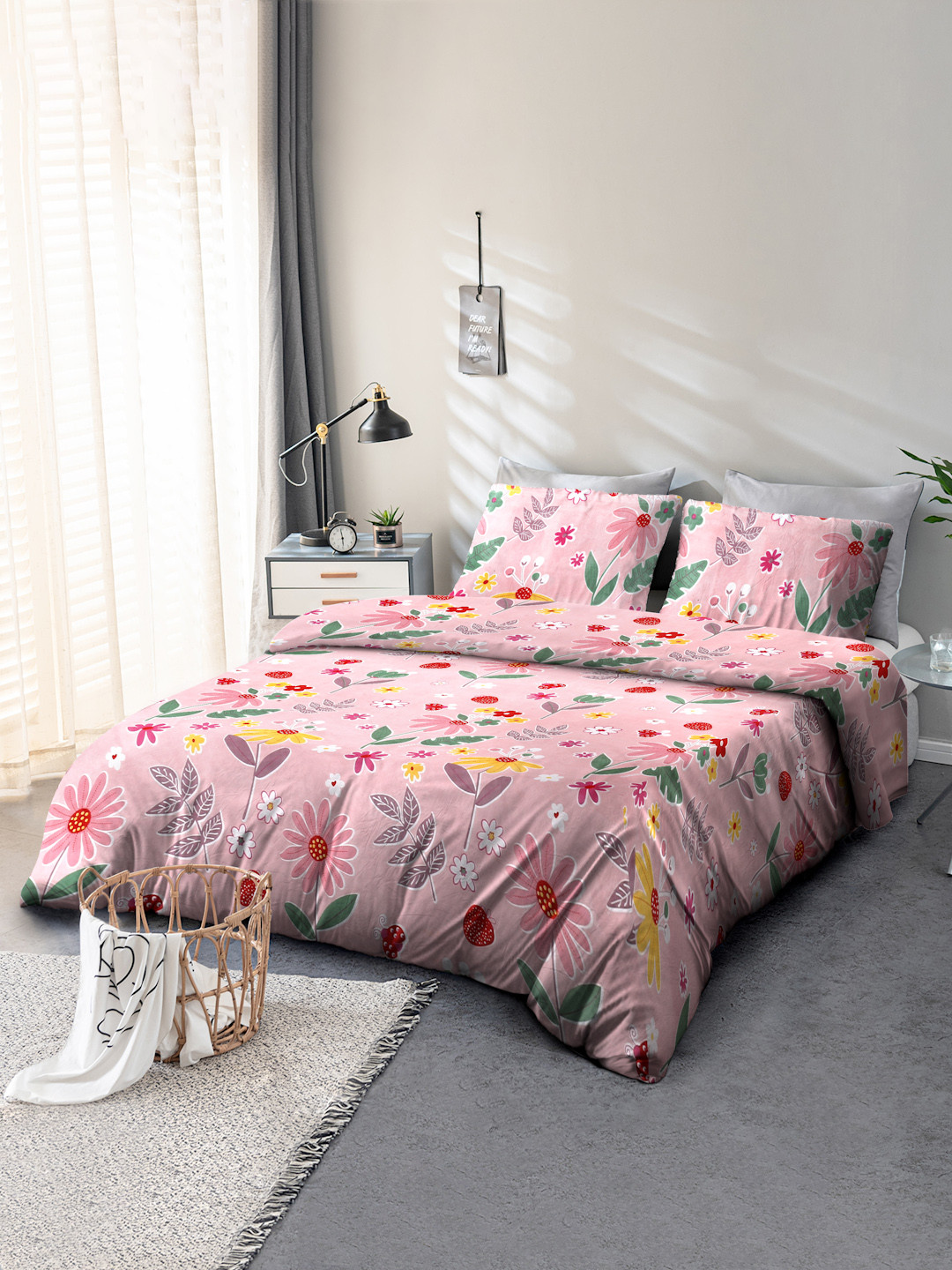 Cortina Pink Floral Microfiber 104 TC Double Coarse Bedsheet with 2 Pillow Covers-98 x 91 inches