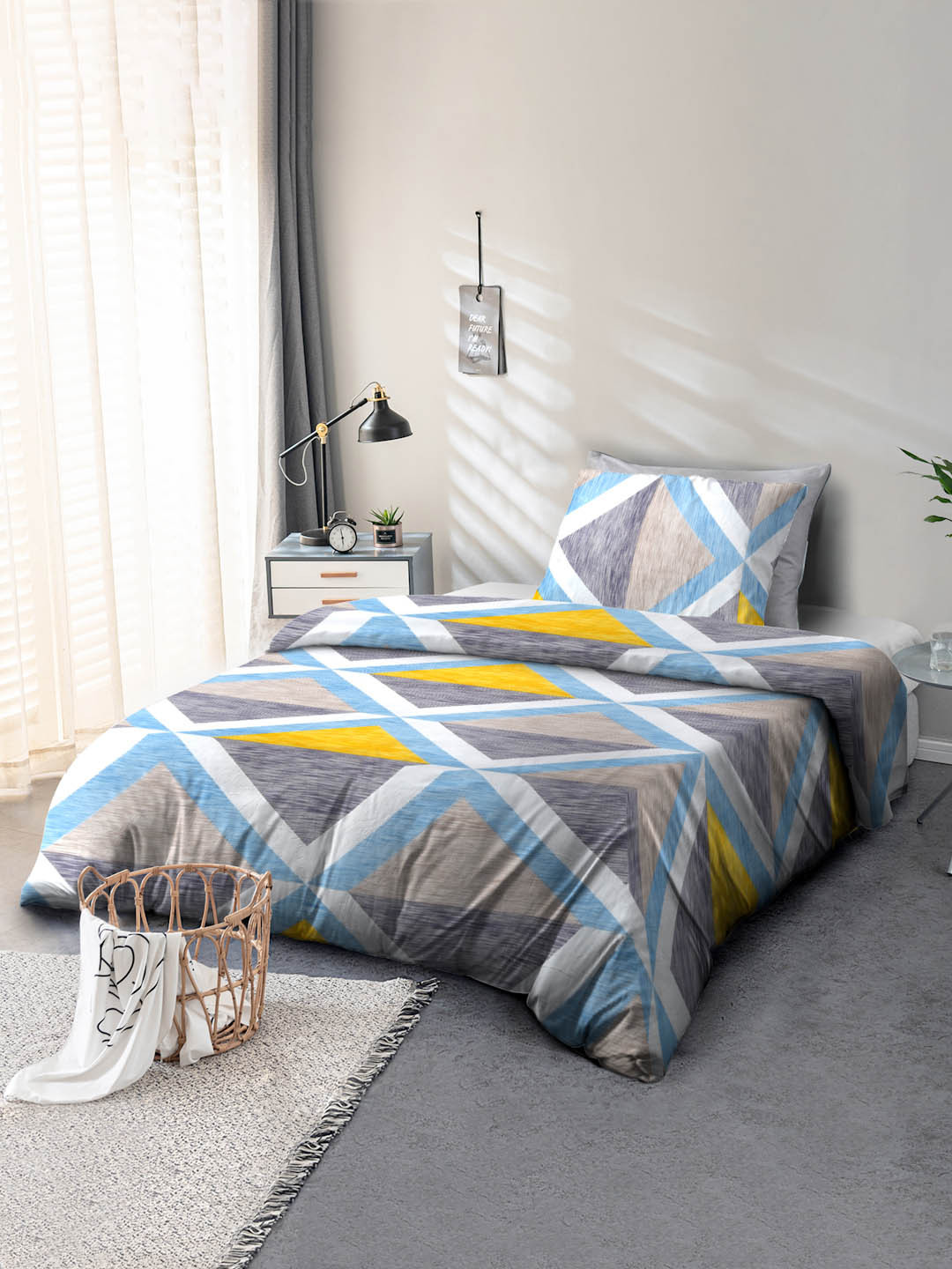 Cortina White Geometric Microfiber 104 TC Single Coarse Bedsheet with a Pillow Cover-100 x 90 inches