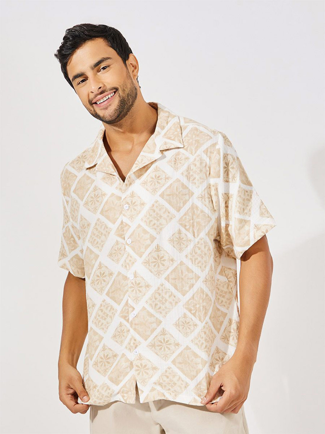 Styli Men All Over Print Double Cloth Resort Collar Relaxed Fit Shirt