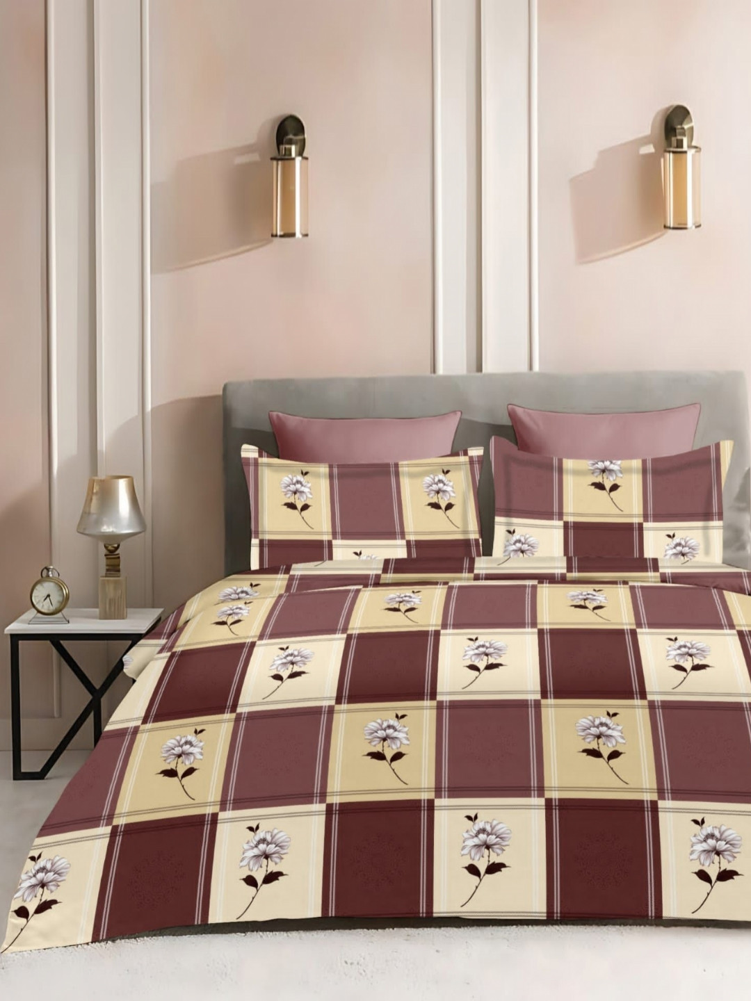 Laying Style Brown & Cream-Coloured Geometric Polycotton 4 Piece Double King Regular Bedding Set