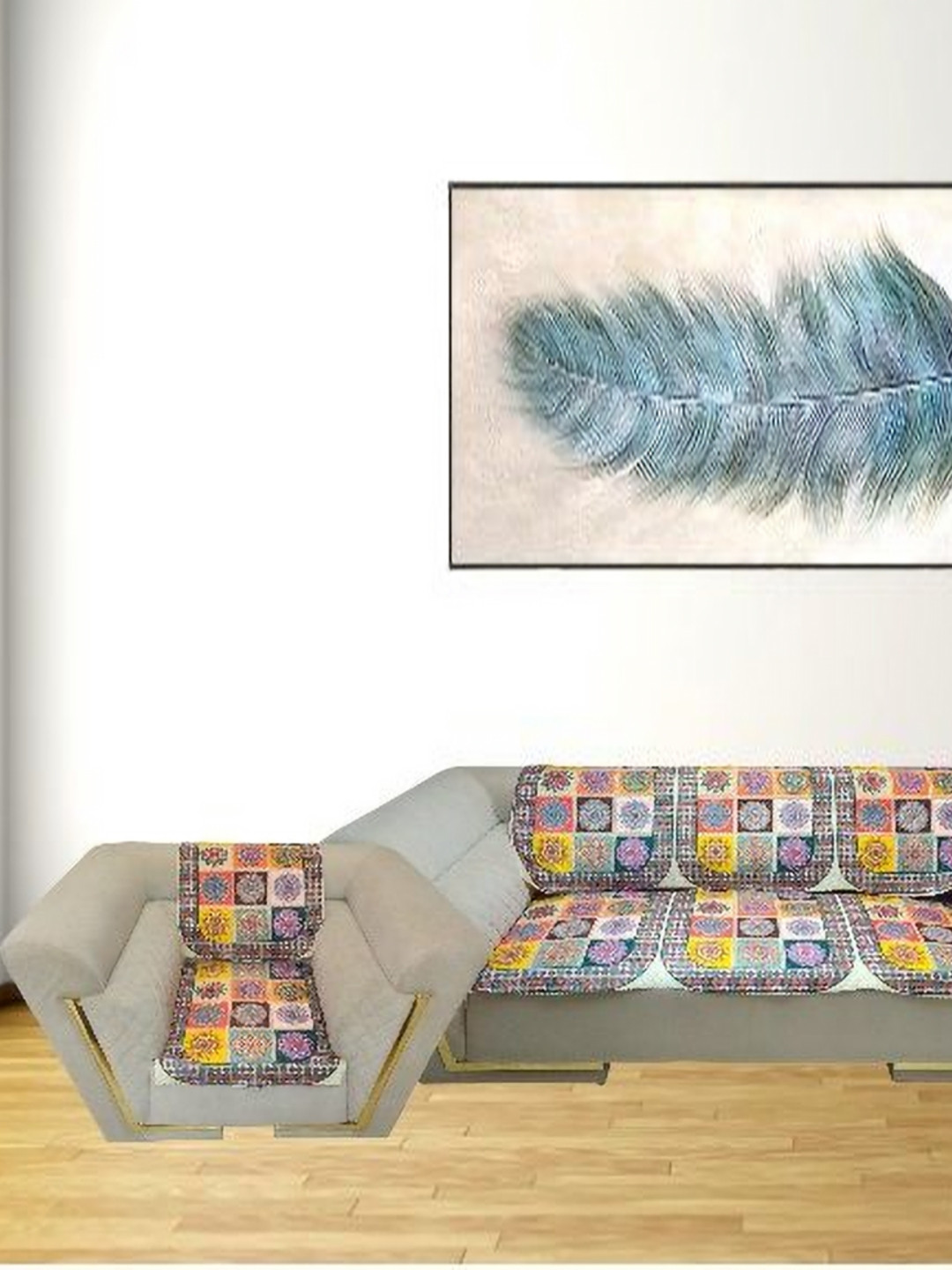 MONKDECOR Blue & Yellow Printed Velvet Sofa Cover