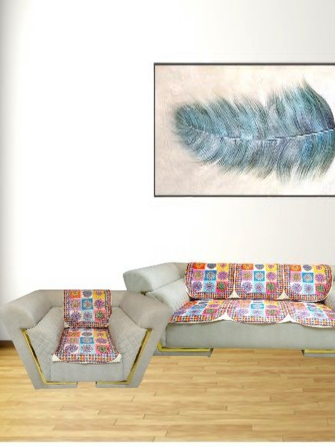 MONKDECOR Red & Yellow Printed Velvet Sofa Cover