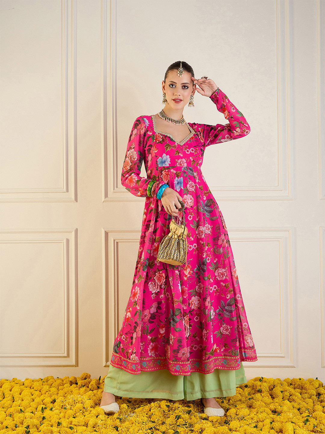 Shae by SASSAFRAS Women Floral Printed Sequinned Indie Florals Georgette Anarkali Kurta