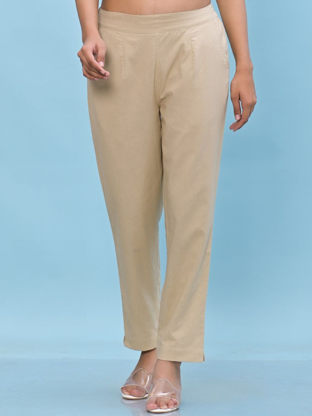 Juniper Women Beige Solid Cotton Pants with Partially Elasticated Waistband & 2 Pockets