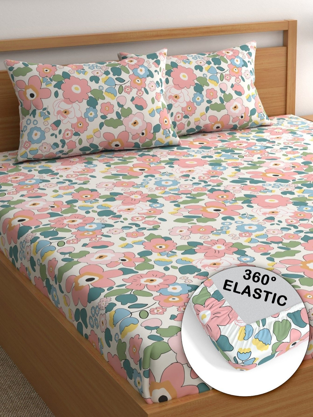 CG HOMES Pink Floral Cotton 160 TC Fitted Queen Bedsheet with 2 Pillow Covers-72 x 72 inches