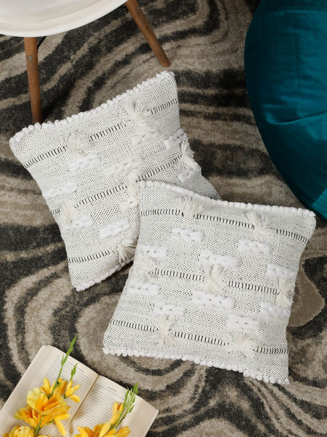 HOSTA HOMES Light-Weight White Abstract Cotton 2 Piece Square Cushion Covers -16x16In