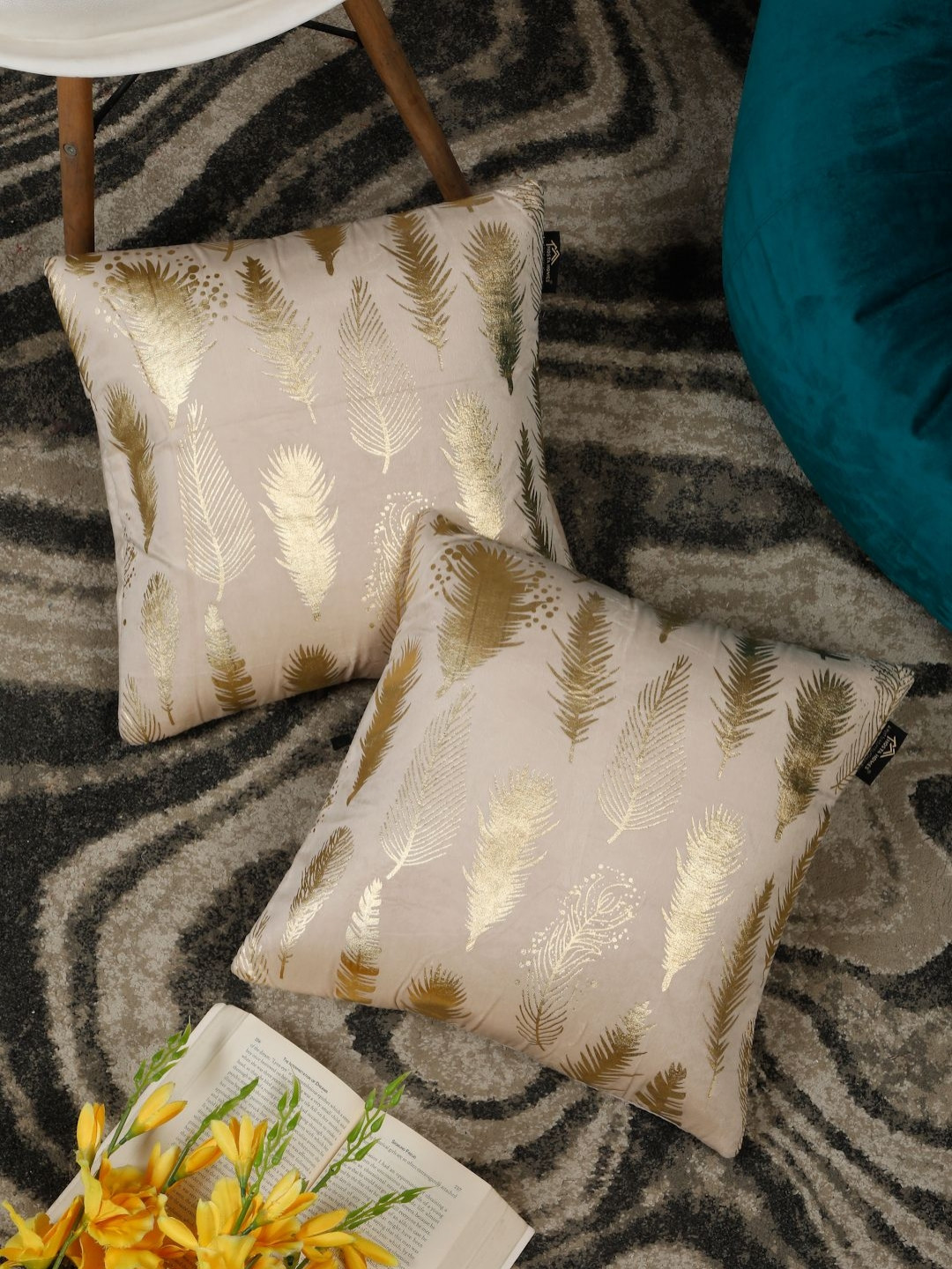 HOSTA HOMES Cream Velvet Durable 2 Piece Embroidered Square Cushion Covers -16x16In