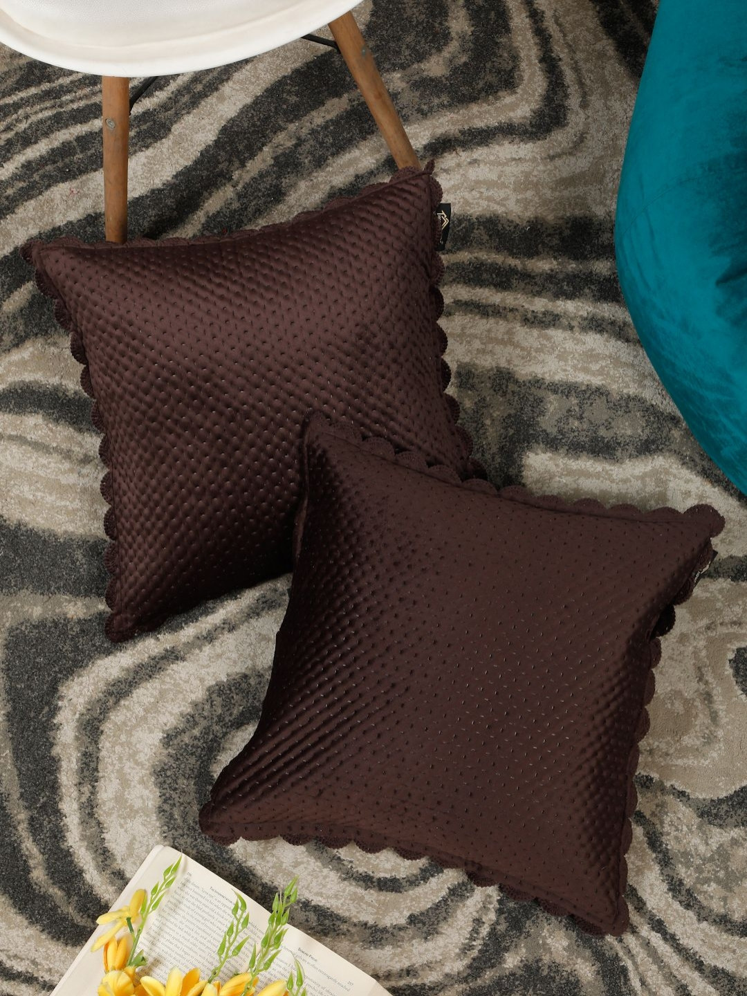 HOSTA HOMES Laser Geometric Velvet Durable 2 Pcs Embroidered Cushion Covers - 16 x 16 In