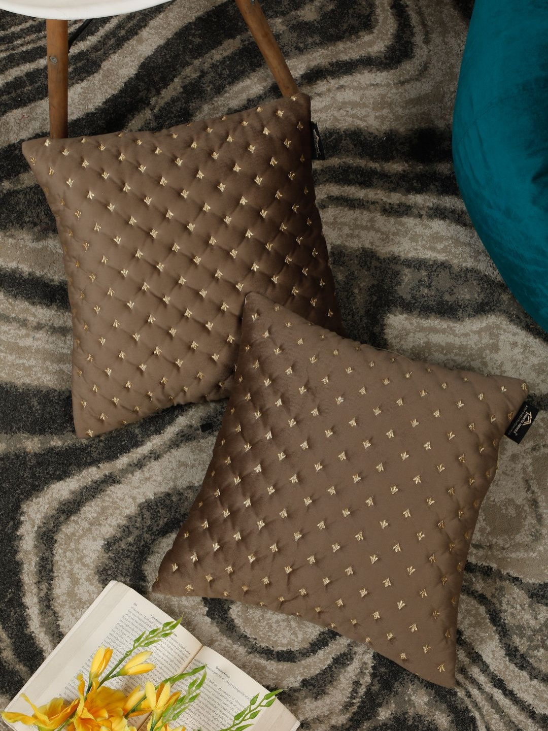 HOSTA HOMES Self Design Velvet Ultra Soft 2 Pcs Embroidered Cushion Covers - 16 x 16 In