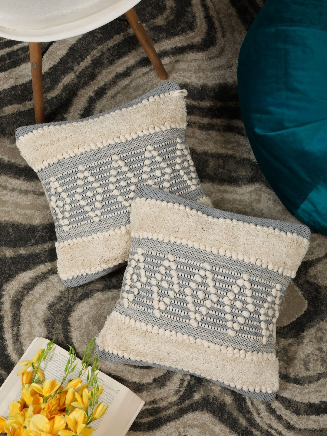 HOSTA HOMES Cream Abstract Cotton Lightweight 2 Square Cushion Covers -16x16In