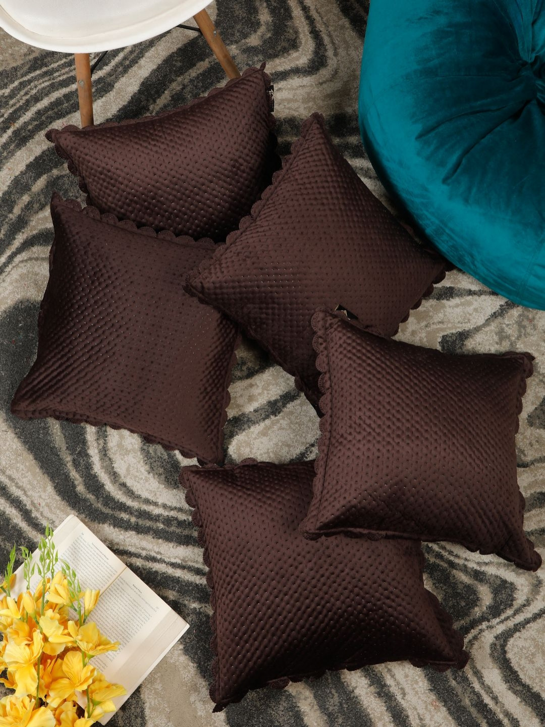 HOSTA HOMES Laser Cut Geometric Velvet Durable 5 Pcs Textured Cushion Covers - 16 x 16 In