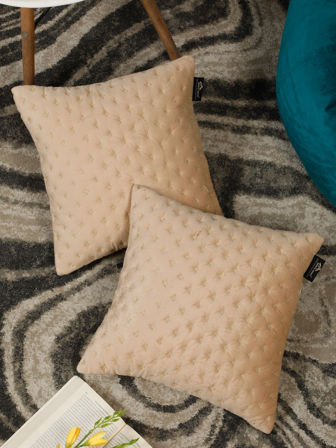 HOSTA HOMES Cream Velvet Durable 2 Piece Embroidered Square Cushion Covers -16x16In