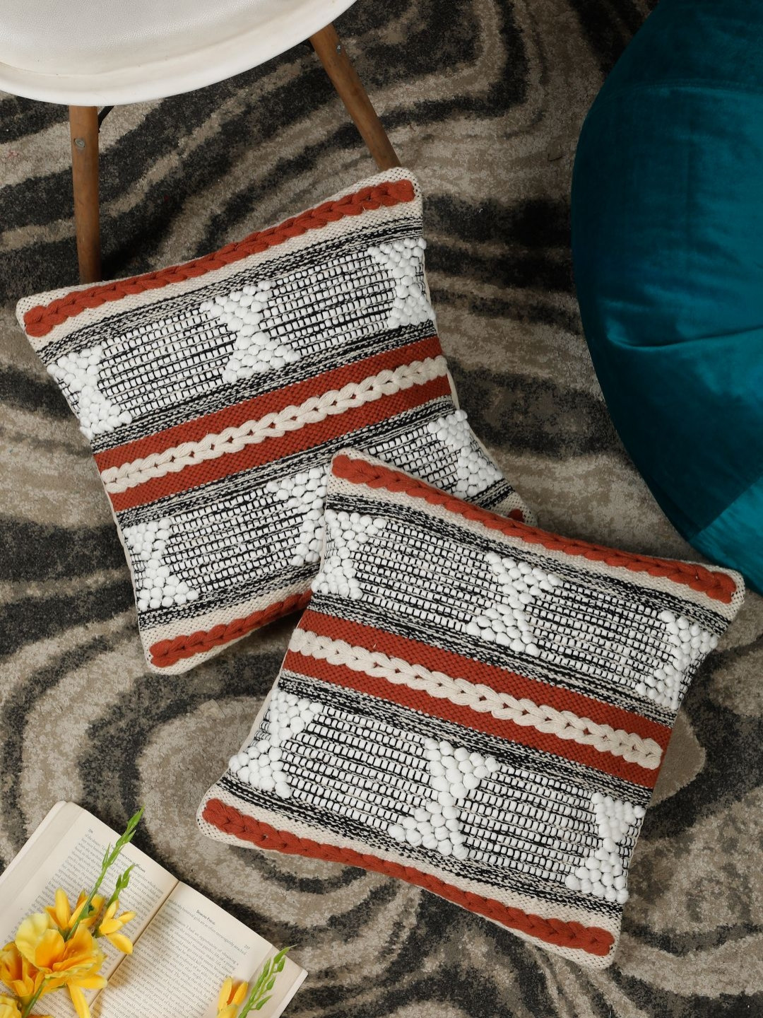 HOSTA HOMES Cream-Coloured & Rust Set of 2 Square Cushion Covers