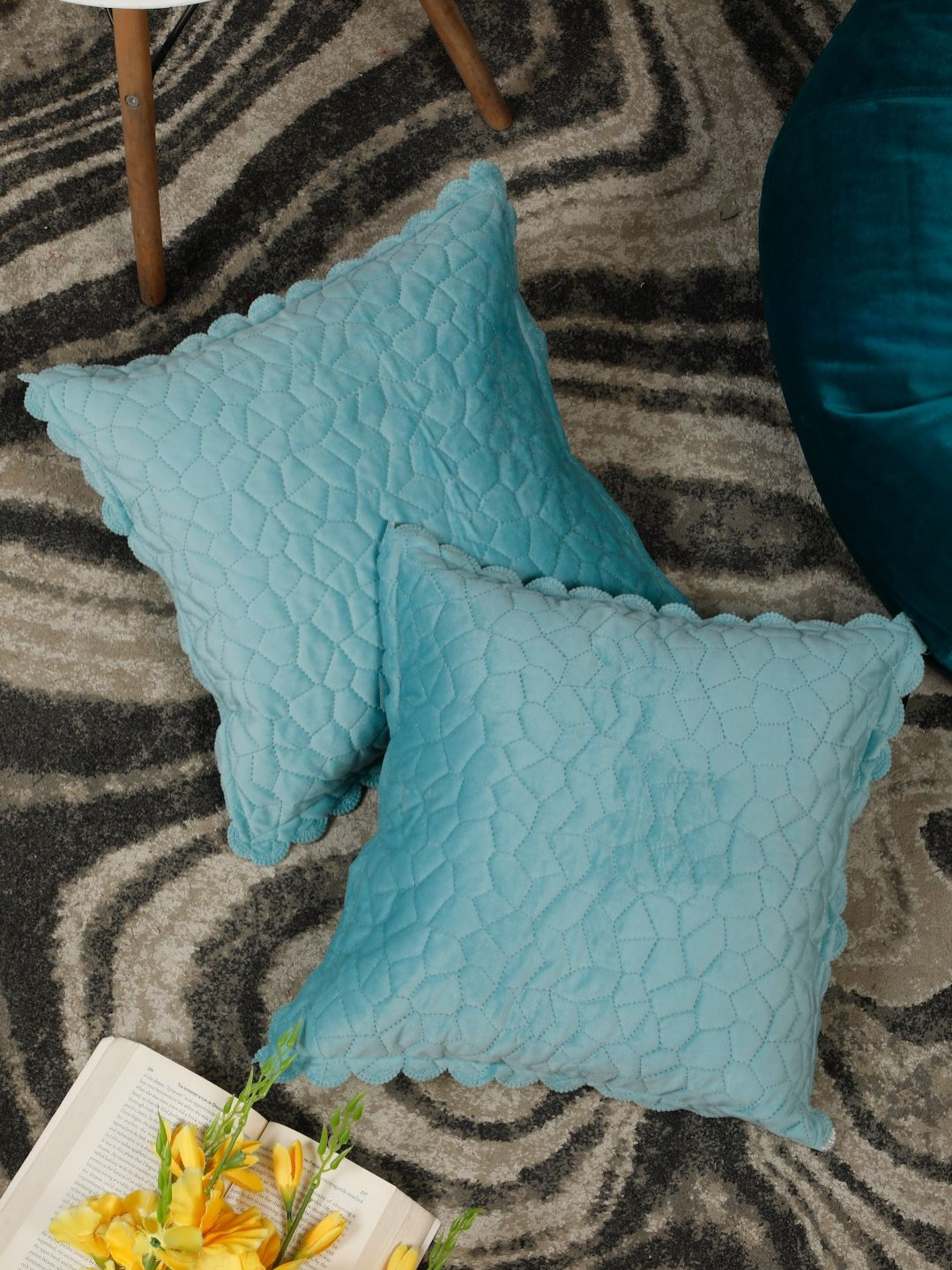 HOSTA HOMES Turquoise Blue Geometric Velvet Durable 2 Pcs Textured Cushion Covers -16x16In