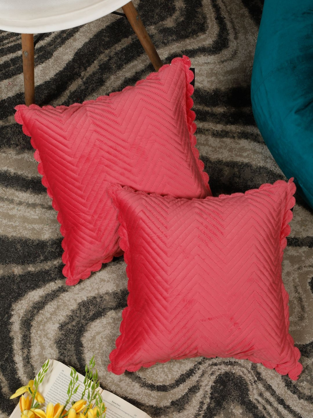 HOSTA HOMES Pink Chevron Velvet Durable 2 Piece Textured Square Cushion Covers -16x16In