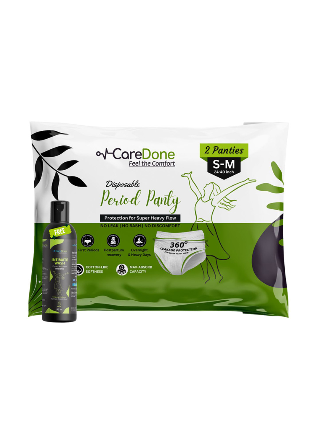CareDone Leak Proof Disposable Period Panties Size S-M - 2Pcs with Free Intimate Wash 50ml