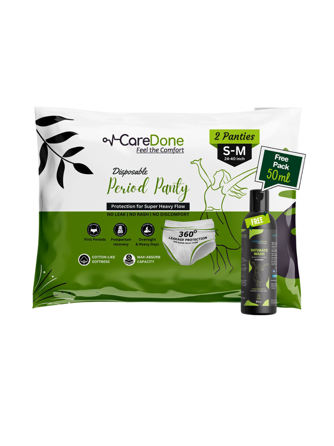 CareDone Pack of 2 Disposable Cotton Period Panties With Intimate Gel - M+50ml