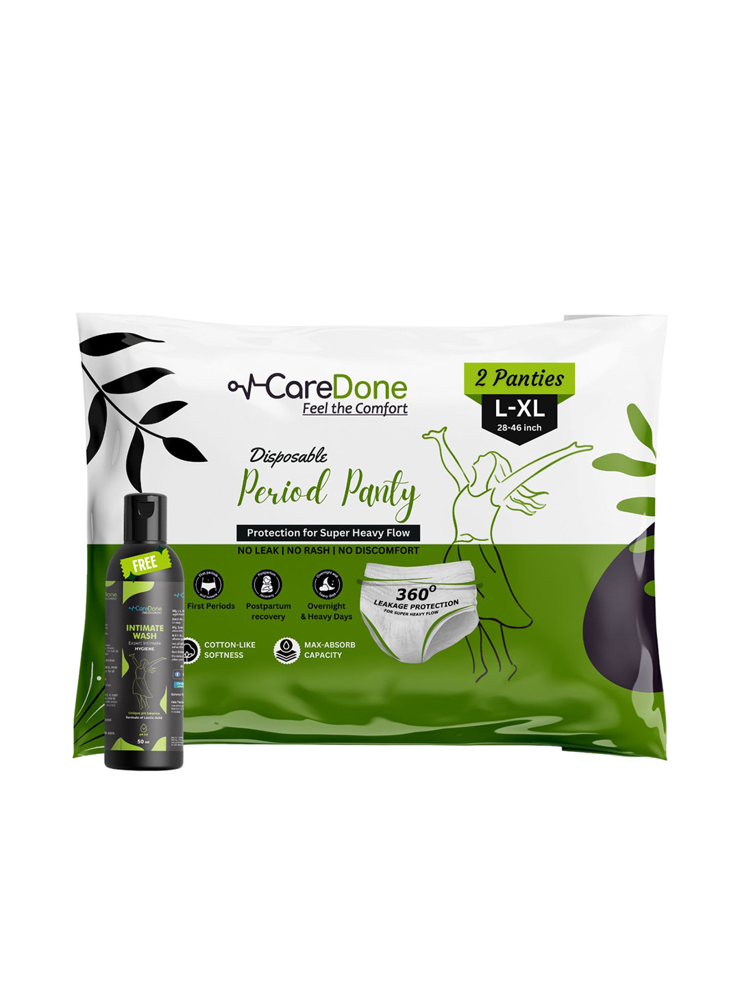 CareDone Pack of 2 Disposable Cotton Period Panties With Intimate Gel - L+50ml