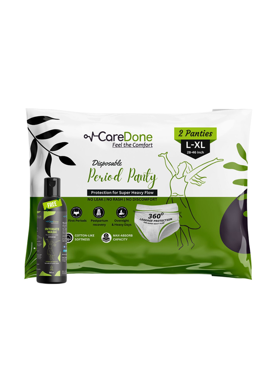 CareDone Pack of 2 Disposable Cotton Period Panties With Intimate Gel - L+50ml