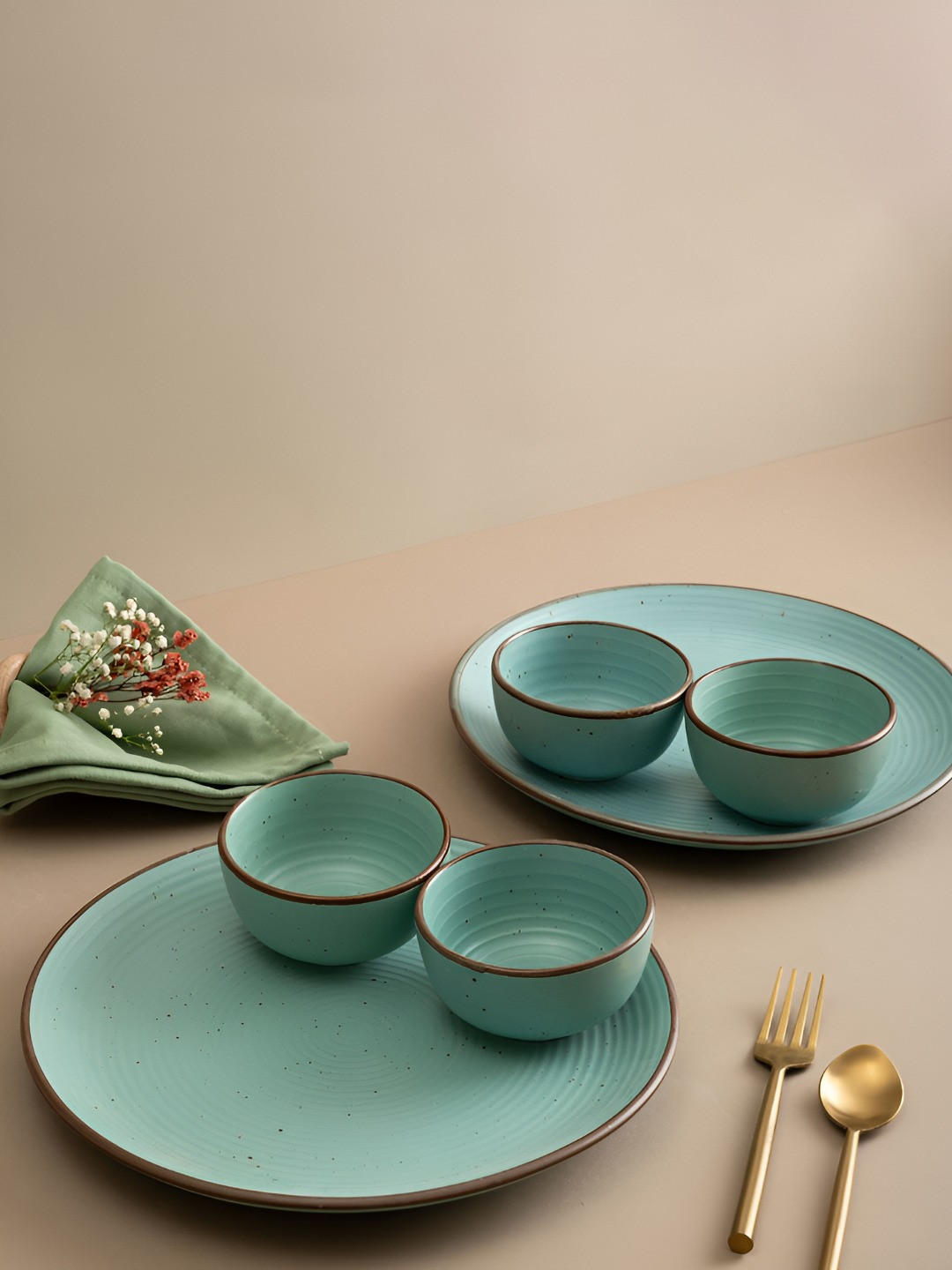 URBAN SPACE Hand Crafted Sea Green Solid Ceramic Microwave Safe 6 Piece Dinner Set