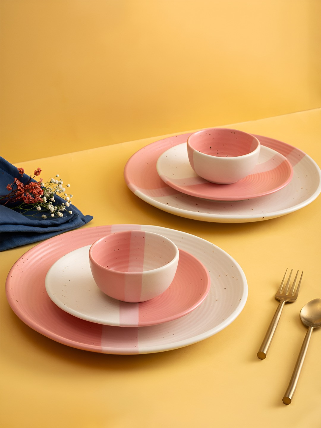 URBAN SPACE Hand Crafted Pink Solid Ceramic Microwave Safe 6 Piece Dinner Set