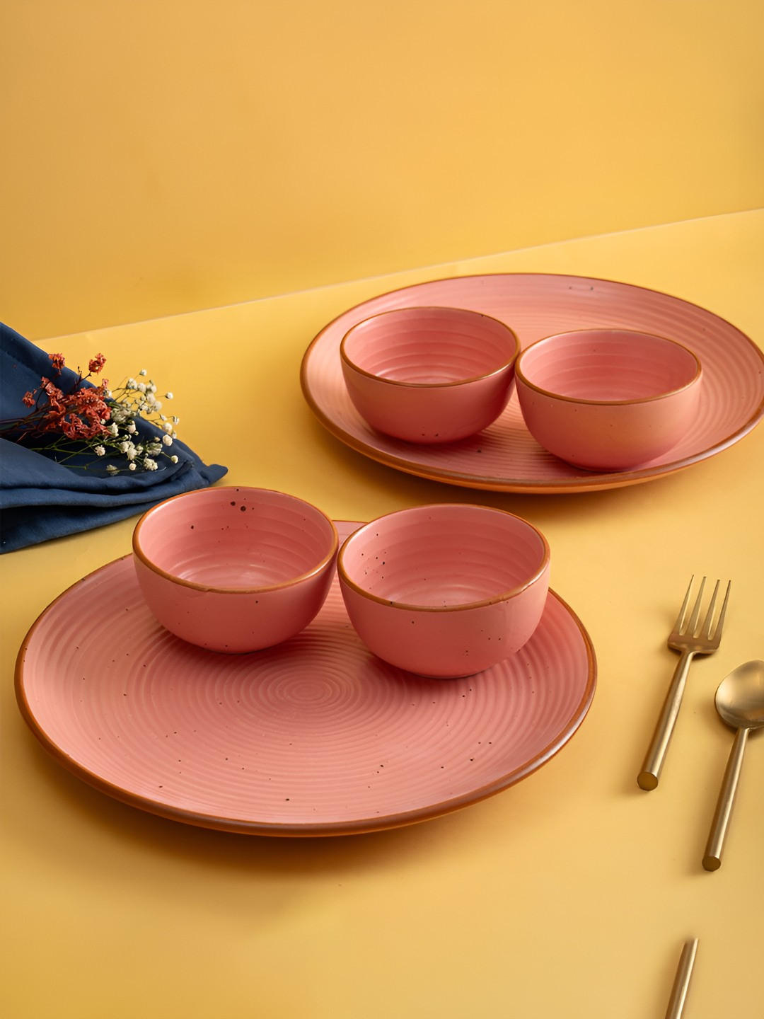 URBAN SPACE Hand Crafted Pink Geometric Ceramic Microwave Safe 6 Piece Dinner Set